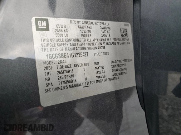 2016 Chevrolet Colorado 2WD WT with VIN 1GCGSBEA1G1325427, listed as a Copart auction lot 56229885 with 87,578 mi miles and Salvage title. Bid and sale history available at DreamBid. Image 12.