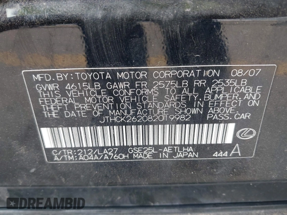 2008 Lexus IS 250 with VIN JTHCK262082019982, listed as a IAAI auction lot 42362391 with 202,105 mi miles and . Bid and sale history available at DreamBid. Image 9.