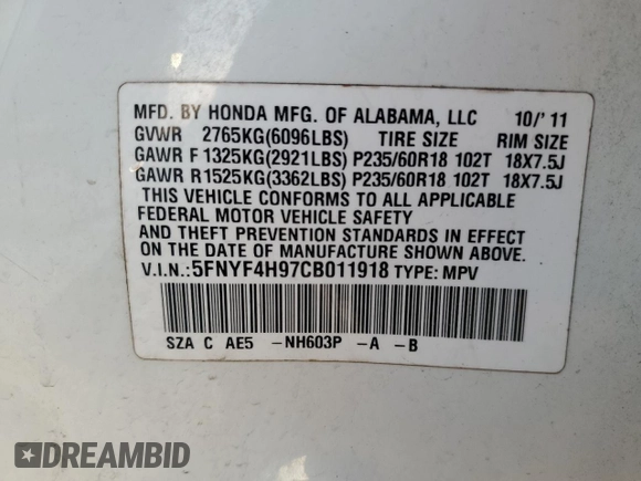 2012 Honda Pilot Touring with VIN 5FNYF4H97CB011918, listed as a Copart auction lot 49682635 with 98,146 mi miles and Salvage Title. Bid and sale history available at carsss.com. Image 13.