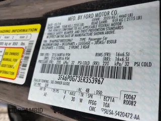2014 Ford Fusion S with VIN 3FA6P0G73ER353967, listed as a IAAI auction lot 42014604 with 132,340 mi miles. Bid and sale history available at carsss.com. Image 9.