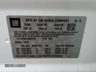 2019 Chevrolet Trax LT z VIN KL7CJPSB7KB927261, wystawiony jako Copart lot #52914305 z przebiegiem Nie podano mil oraz Szkoda całkowita • Salvage title. Historia ofert i sprzedaży dostępna na DreamBid. Obrazek 13.