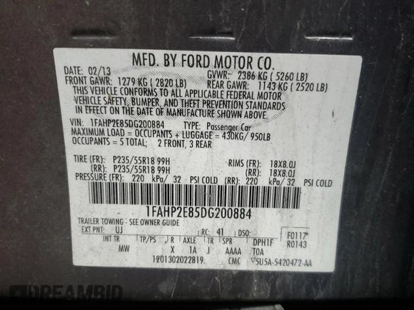 2013 Ford Taurus SEL with VIN 1FAHP2E85DG200884, listed as a Copart auction lot 50330395 with 161,776 mi miles and Salvage Title. Bid and sale history available at DreamBid. Image 12.