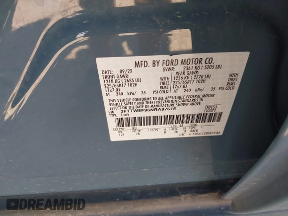 2022 Ford Maverick XL with VIN 3FTTW8F96NRA97616, listed as a IAAI auction lot 42146015 with Not Provided miles and . Bid and sale history available at DreamBid. Image 9.
