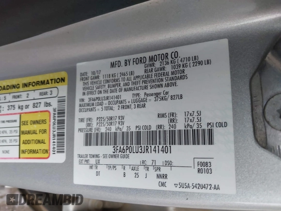 2018 Ford Fusion SE z VIN 3FA6P0LU3JR141401, wystawiony jako IAAI lot #41718444 z przebiegiem Nie podano mil oraz . Historia ofert i sprzedaży dostępna na DreamBid. Obrazek 9.