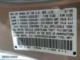 2005 Honda CR-V LX with VIN SHSRD78525U333497, listed as a IAAI auction lot 42004518 with 210,914 mi miles. Bid and sale history available at carsss.com. Image 9.