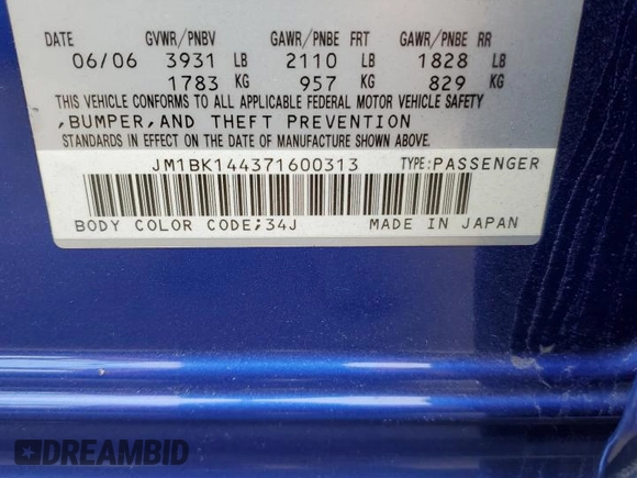 2007 Mazda 3 S Sport with VIN JM1BK144371600313, listed as a Copart auction lot 72448064 with 166,494 mi miles and Salvage Title. Bid and sale history available at DreamBid. Image 12.
