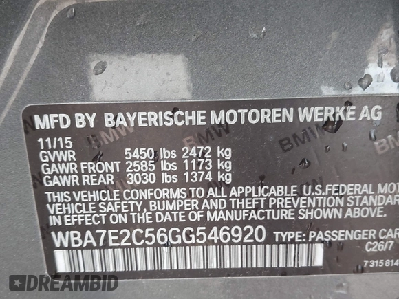2016 BMW 7 Series 740i with VIN WBA7E2C56GG546920, listed as a IAAI auction lot 41610698 with 119,689 mi miles. Bid and sale history available at carsss.com. Image 9.