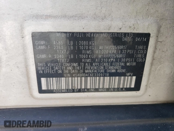 2014 Subaru Outback 2.5i with VIN 4S4BRBAC6E3309718, listed as a Copart auction lot 65182764 with 216,631 mi miles and Salvage Title. Bid and sale history available at carsss.com. Image 14.