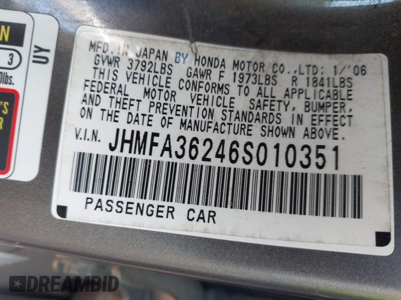 2006 Honda Civic z VIN JHMFA36246S010351, wystawiony jako IAAI lot #42448952 z przebiegiem 133 551 mil mil oraz . Historia ofert i sprzedaży dostępna na DreamBid. Obrazek 9.