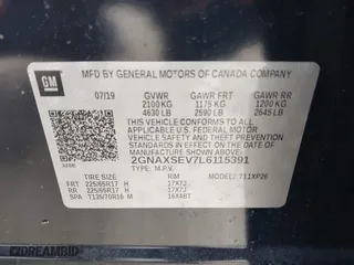 2020 Chevrolet Equinox LS with VIN 2GNAXSEV7L6115391, listed as a IAAI auction lot 41613087 with 57,648 mi miles. Bid and sale history available at carsss.com. Image 9.