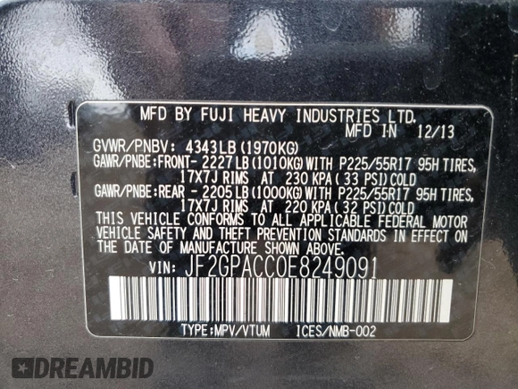 2014 Subaru Crosstrek Premium z VIN JF2GPACC0E8249091, wystawiony jako Copart lot #58040465 z przebiegiem 335 975 mil mil oraz Szkoda całkowita • Salvage title. Historia ofert i sprzedaży dostępna na DreamBid. Obrazek 14.