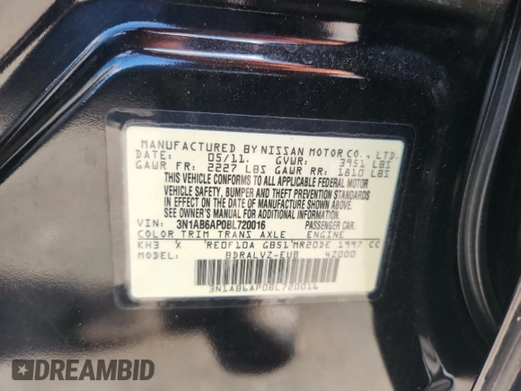 2011 Nissan Sentra SL with VIN 3N1AB6AP0BL720016, listed as a Copart auction lot 61280865 with 115,987 mi miles and Salvage title. Bid and sale history available at DreamBid. Image 12.