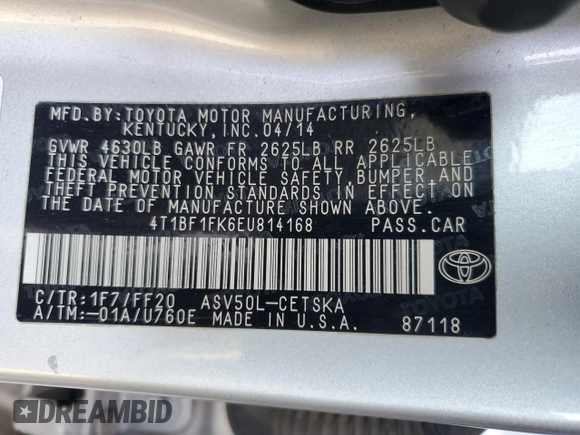 2014 Toyota Camry L with VIN 4T1BF1FK6EU814168, listed as a Copart auction lot 51614385 with 172,776 mi miles and Salvage Title. Bid and sale history available at carsss.com. Image 13.