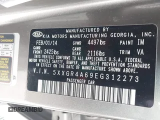 2014 Kia Optima SXL Turbo with VIN 5XXGR4A69EG312273, listed as a IAAI auction lot 41729863 with 107,660 mi miles and . Bid and sale history available at DreamBid. Image 9.
