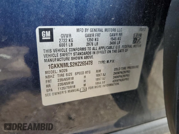 2017 GMC Acadia SLT z VIN 1GKKNMLS2HZ265478, wystawiony jako Copart lot #56963485 z przebiegiem 149 679 mil mil oraz Czysty tytuł • Clean title. Historia ofert i sprzedaży dostępna na DreamBid. Obrazek 13.