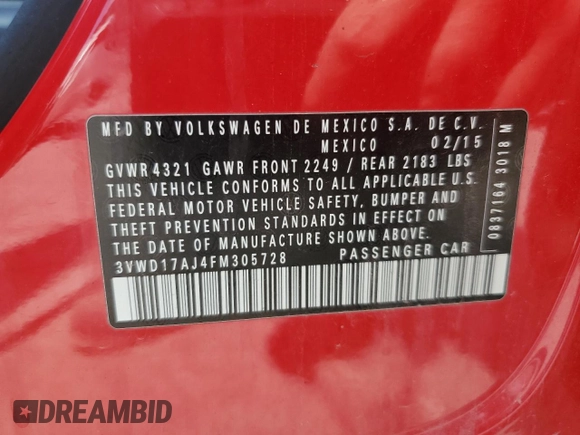 2015 Volkswagen Jetta SE with VIN 3VWD17AJ4FM305728, listed as a Copart auction lot 61911705 with 142,281 mi miles and Salvage title. Bid and sale history available at DreamBid. Image 12.