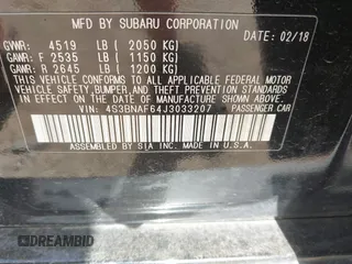 2018 Subaru Legacy Premium with VIN 4S3BNAF64J3033207, listed as a IAAI auction lot 42261208 with Not provided miles and . Bid and sale history available at DreamBid. Image 9.