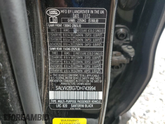 2013 Land Rover Range Rover Evoque Prestige Premium with VIN SALVV2BG7DH743994, listed as a Copart auction lot 58906485 with 183,997 mi miles and Salvage title. Bid and sale history available at DreamBid. Image 13.