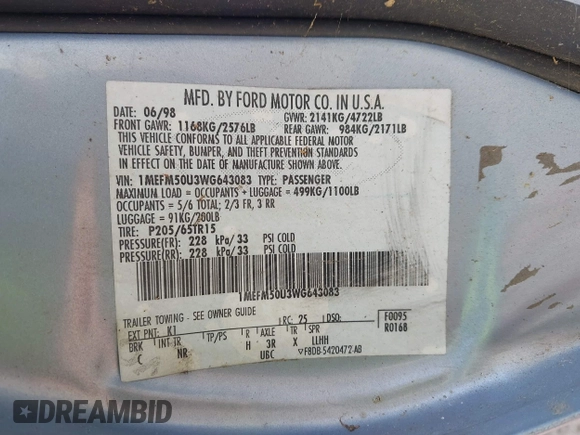 1998 Mercury Sable GS with VIN 1MEFM50U3WG643083, listed as a IAAI auction lot 42481534 with 115,146 mi miles and . Bid and sale history available at DreamBid. Image 9.