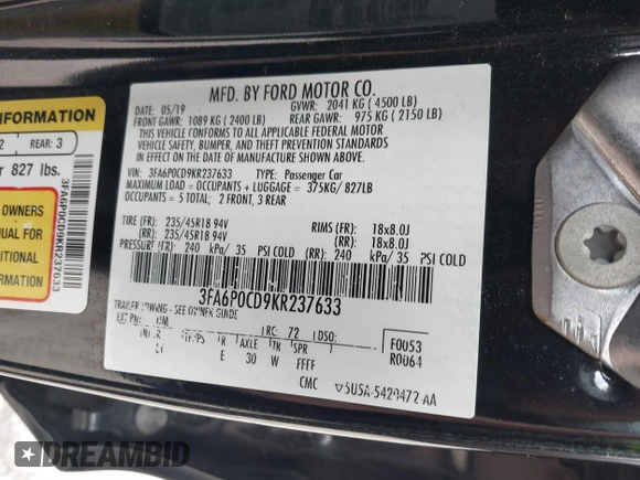 2019 Ford Fusion SEL with VIN 3FA6P0CD9KR237633, listed as a IAAI auction lot 41850201 with 68,157 mi miles. Bid and sale history available at carsss.com. Image 9.