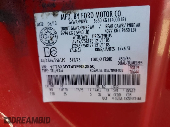 2013 Ford F-350 XL with VIN 1FT8X3DT4DEB82850, listed as a Copart auction lot 78146034 with 293,139 mi miles and Salvage title. Bid and sale history available at DreamBid. Image 12.