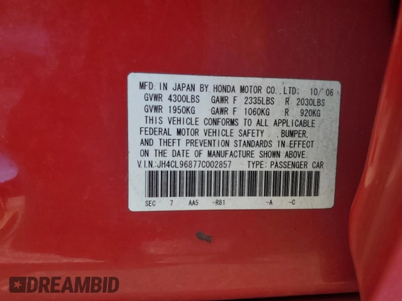 2007 Acura TSX with VIN JH4CL96877C002857, listed as a Copart auction lot 46138935 with 153,447 mi miles and Non Repairable. Bid and sale history available at carsss.com. Image 12.