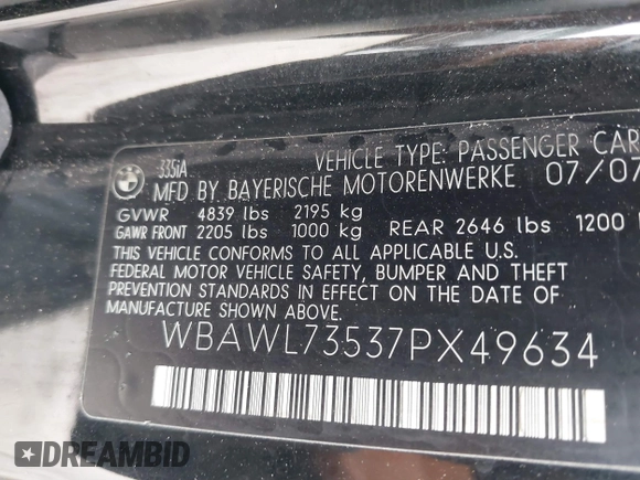2007 BMW 3 Series 335i with VIN WBAWL73537PX49634, listed as a IAAI auction lot 41717943 with 1 mi miles. Bid and sale history available at carsss.com. Image 9.