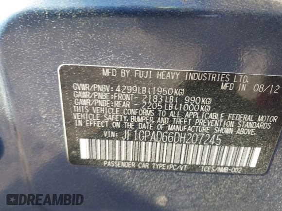 2013 Subaru Impreza Premium z VIN JF1GPAD66DH207245, wystawiony jako IAAI lot #42174232 z przebiegiem 185 231 mil mil oraz . Historia ofert i sprzedaży dostępna na DreamBid. Obrazek 9.