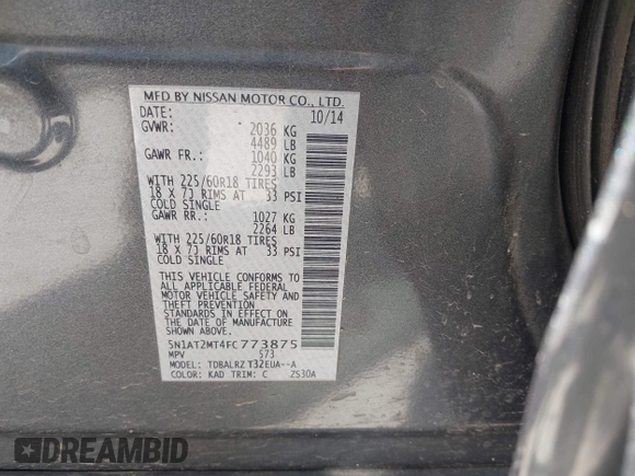 2015 Nissan Rogue SL with VIN 5N1AT2MT4FC773875, listed as a IAAI auction lot 41803439 with 206,399 mi miles. Bid and sale history available at carsss.com. Image 9.