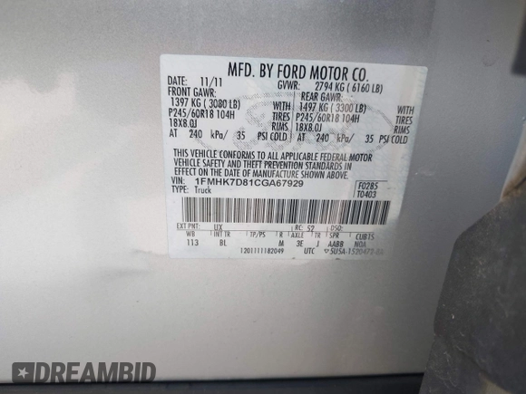 2012 Ford Explorer XLT with VIN 1FMHK7D81CGA67929, listed as a IAAI auction lot 42552460 with 84,452 mi miles and . Bid and sale history available at DreamBid. Image 9.