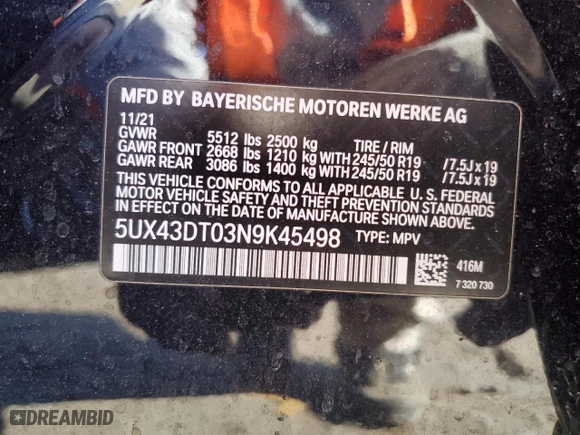 2022 BMW X4 M40i with VIN 5UX43DT03N9K45498, listed as a Copart auction lot 40460044 with 59,563 mi miles. Bid and sale history available at carsss.com. Image 13.