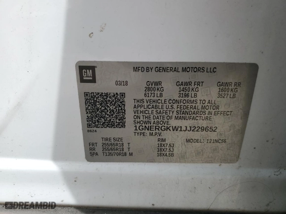 2018 Chevrolet Traverse LT Cloth with VIN 1GNERGKW1JJ229652, listed as a Copart auction lot 46728965 with 184,294 mi miles and Salvage Title. Bid and sale history available at carsss.com. Image 14.