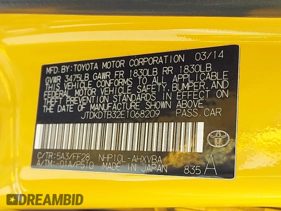 2014 Toyota Prius One with VIN JTDKDTB32E1068209, listed as a IAAI auction lot 41840919 with 201,698 mi miles and . Bid and sale history available at DreamBid. Image 9.