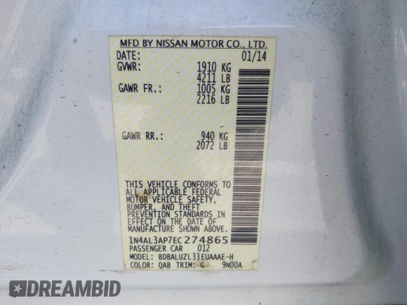 2014 Nissan Altima 2.5 S with VIN 1N4AL3AP7EC274865, listed as a IAAI auction lot 41916052 with 113,687 mi miles. Bid and sale history available at carsss.com. Image 9.