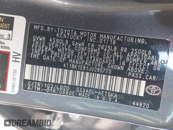 2018 Toyota Avalon XLE with VIN 4T1BK1EB1JU285770, listed as a IAAI auction lot 42073553 with 71,809 mi miles and . Bid and sale history available at DreamBid. Image 9.