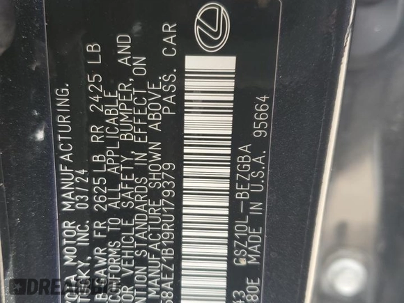 2024 Lexus ES 350 Luxury z VIN 58AEZ1B19RU179379, wystawiony jako Copart lot #47255955 z przebiegiem 10 219 mil mil oraz Szkoda całkowita • Salvage title. Historia ofert i sprzedaży dostępna na DreamBid. Obrazek 13.