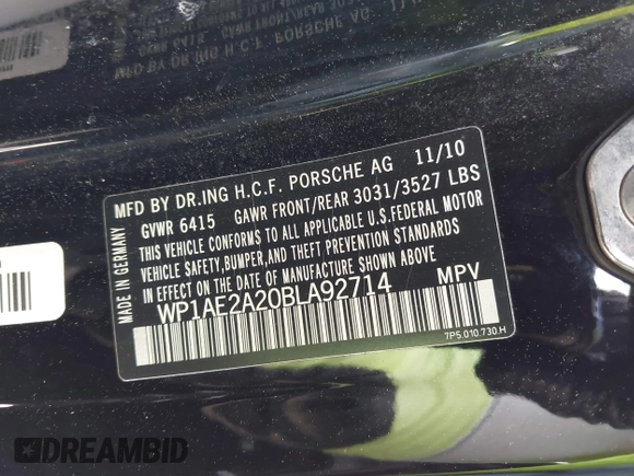 2011 Porsche Cayenne S Hybrid with VIN WP1AE2A20BLA92714, listed as a IAAI auction lot 42255019 with 101,274 mi miles and . Bid and sale history available at DreamBid. Image 9.