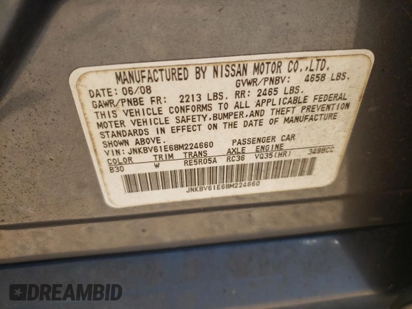 2008 Infiniti G35 with VIN JNKBV61E68M224660, listed as a Copart auction lot 59589734 with 148,515 mi miles and Clean Title. Bid and sale history available at DreamBid. Image 12.