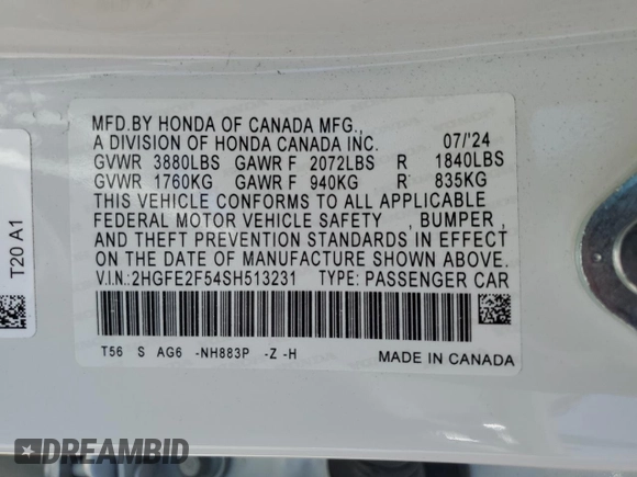 2025 Honda Civic Sport z VIN 2HGFE2F54SH513231, wystawiony jako Copart lot #52586085 z przebiegiem 6 046 mil mil oraz Szkoda całkowita • Salvage title. Historia ofert i sprzedaży dostępna na DreamBid. Obrazek 14.