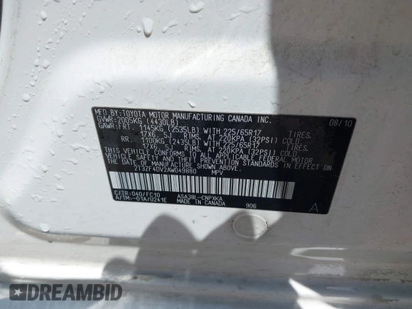 2010 Toyota RAV4 z VIN 2T3ZF4DV2AW049880, wystawiony jako IAAI lot #42272049 z przebiegiem 313 811 mil mil oraz . Historia ofert i sprzedaży dostępna na DreamBid. Obrazek 9.