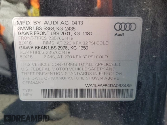 2013 Audi Q5 Premium Plus with VIN WA1LFAFP4DA093489, listed as a Copart auction lot 61972605 with 188,739 mi miles and Clean title. Bid and sale history available at DreamBid. Image 12.