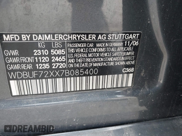2007 Mercedes-Benz E 550 with VIN WDBUF72XX7B085400, listed as a IAAI auction lot 41650895 with 180,589 mi miles and . Bid and sale history available at DreamBid. Image 9.
