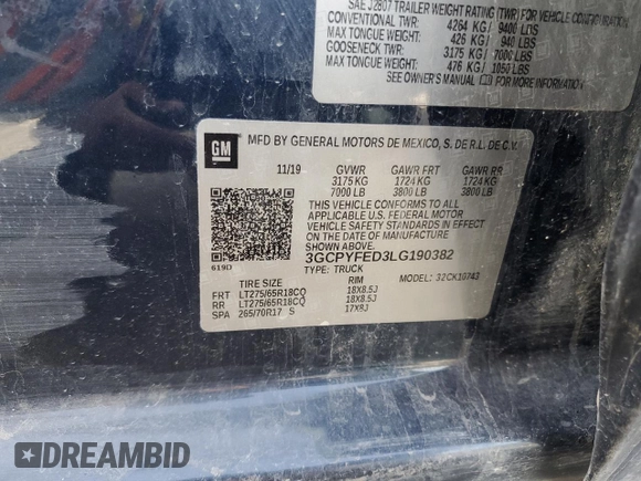2020 Chevrolet Silverado 1500 LT Trail Boss with VIN 3GCPYFED3LG190382, listed as a Copart auction lot 50341755 with 185,993 mi miles and Salvage Title. Bid and sale history available at DreamBid. Image 12.