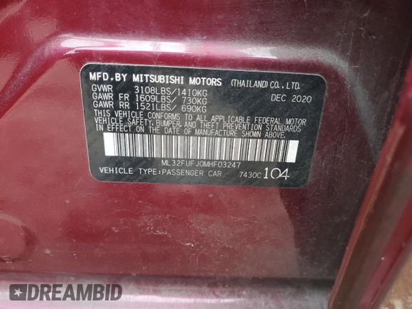 2021 Mitsubishi Mirage G4 ES with VIN ML32FUFJ0MHF03247, listed as a Copart auction lot 45087385 with 77,568 mi miles and Non Repairable. Bid and sale history available at carsss.com. Image 14.