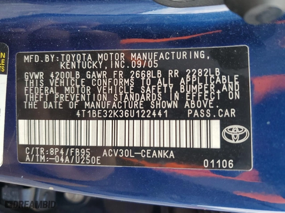 2006 Toyota Camry STD with VIN 4T1BE32K36U122441, listed as a Copart auction lot 53211735 with 308,007 mi miles and Clean Title. Bid and sale history available at carsss.com. Image 12.