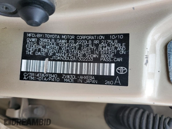 2010 Toyota Prius II with VIN JTDKN3DU2A1302233, listed as a Copart auction lot 54672265 with 208,319 mi miles and Clean Title. Bid and sale history available at carsss.com. Image 12.