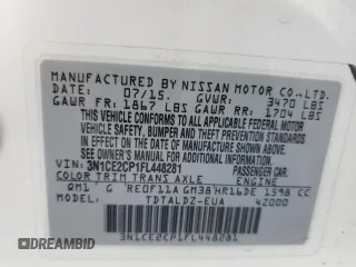 2015 Nissan Note SV with VIN 3N1CE2CP1FL448281, listed as a Copart auction lot 55665145 with 81,934 mi miles and Salvage title. Bid and sale history available at DreamBid. Image 12.