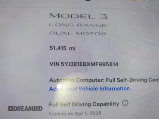 2021 Tesla Model 3 Long Range with VIN 5YJ3E1EBXMF995814, listed as a IAAI auction lot 41838453 with 51,415 mi miles. Bid and sale history available at carsss.com. Image 16.