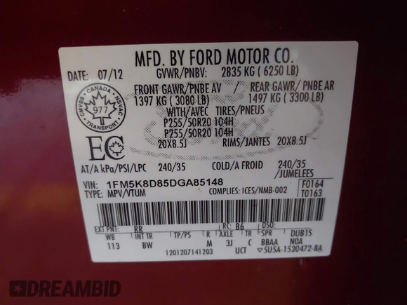 2013 Ford Explorer XLT with VIN 1FM5K8D85DGA85148, listed as a IAAI auction lot 41260474 with 134,686 mi miles and . Bid and sale history available at DreamBid. Image 9.