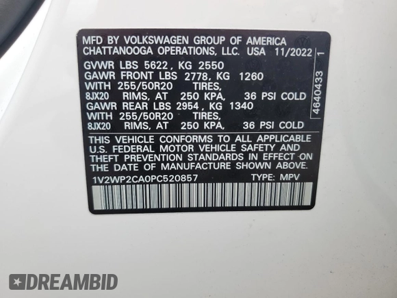 2023 Volkswagen Atlas SE с VIN 1V2WP2CA0PC520857, выставлен на аукционе Copart как лот 81071314 с пробегом 13 073 миль миль и Списание • Salvage title. История ставок и продаж доступна на DreamBid. Изображение 15.